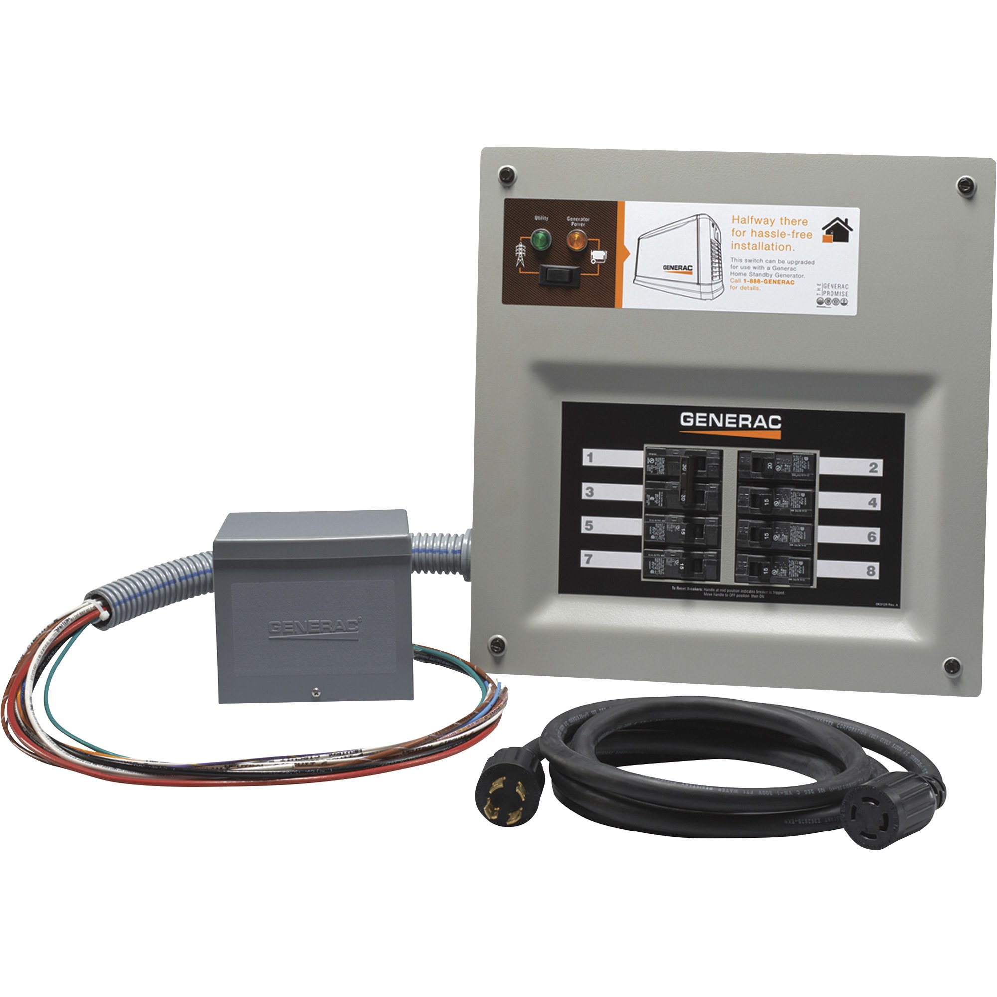 Generac HomeLink Prewired Manual Generator Transfer Switch Kit, 30 Amps, 8 Circuits, Resin Box, Model# 6853